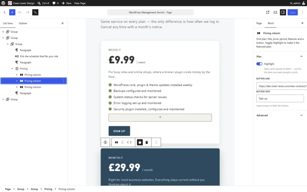 The WordPress block editor on owen-lewis.com: list-view