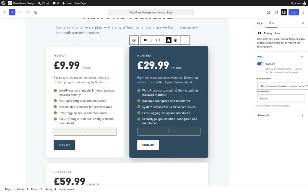 The WordPress block editor on owen-lewis.com: pricing-block